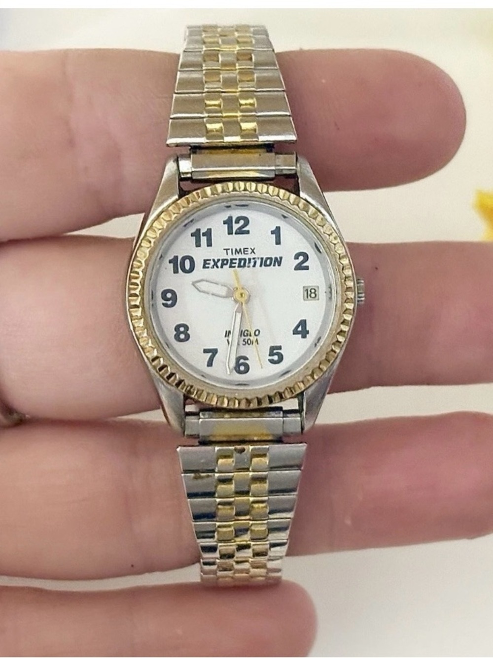 Timex Expedition Indiglo Day/Date Silver & Gold Two-Tone Ladies Expansion Watch
